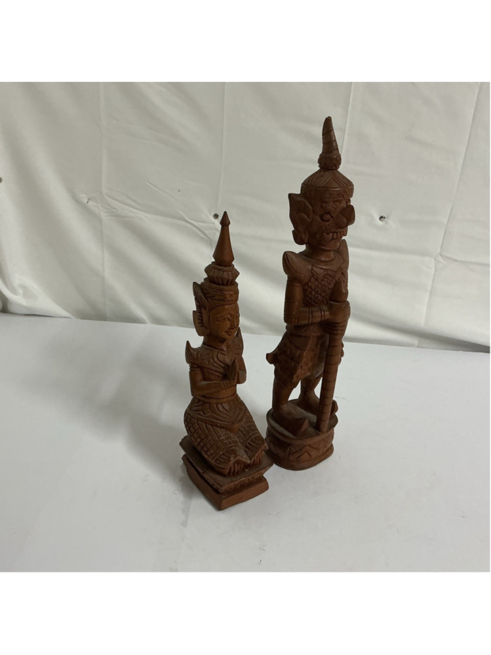 Vintage Hand Carved Thai Teak Wood Temple GuardianPraying Lady Figures.13” & 17” - Picture 2 of 4